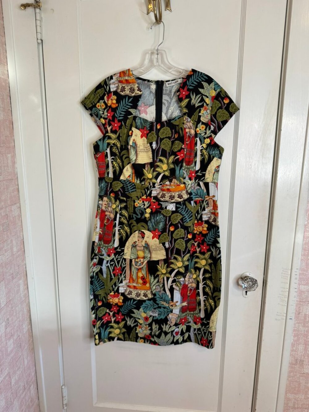 Grace Karin Frida Kahlo Multicolor Jungle Print Sheath Retro Midi Dress sz XL